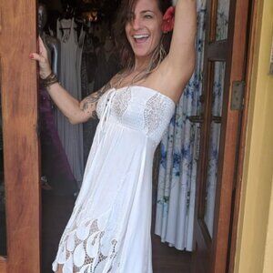 stunning Sky strapless crocheted dress with leaves bottom